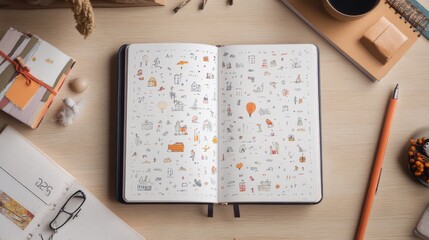 Whimsical Planner on Desk with Creative Illustrations