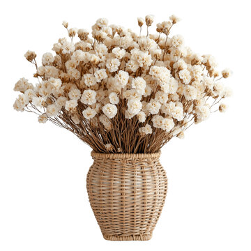 White Immortelle in Wicker Vase on white transparent background, png
