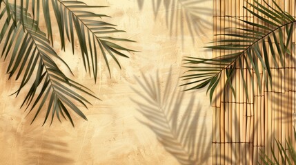 Obraz premium Exotic summer design with palm leaf shadow on bamboo card background.