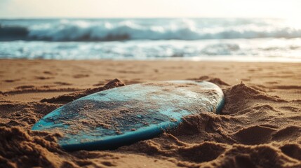 A surfboard resting on sandy beach with waves in the background during sunset.