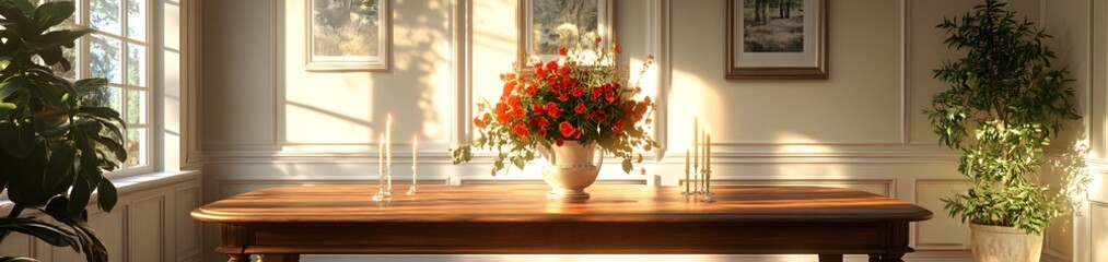 A sunlit room featuring a wooden table adorned with a floral centerpiece and candles.