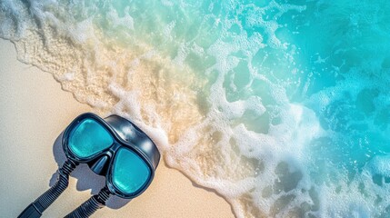 A snorkeling mask resting on sandy beach near gentle ocean waves.