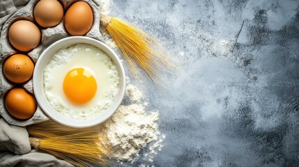 Ingredients for baking with eggs, flour, and a bowl of cracked egg on a textured surface.
