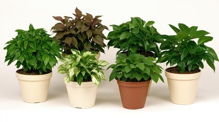 Obraz premium A collection of five vibrant houseplants in white pots arranged neatly on a shelf against a pristine white background