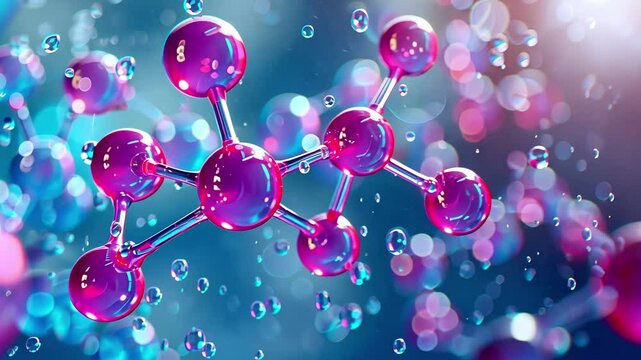 3d Molecular composition and structure of water with pink and violet chemical elements on a blue background.