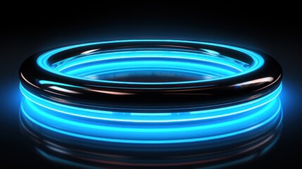 A glowing blue circular ring with a reflective surface, suggesting a futuristic design.