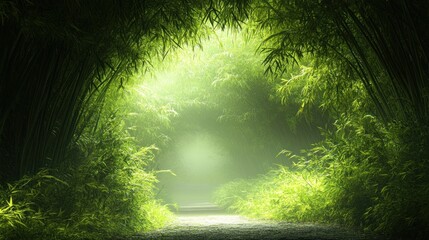 A serene bamboo forest path illuminated by soft light, inviting exploration and tranquility.