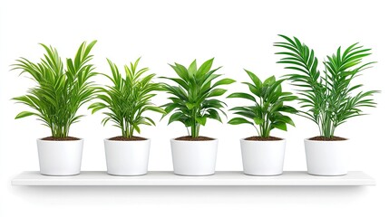 A vibrant display of five lush houseplants in white pots lined up on a minimalist shelf against a bright white backdrop