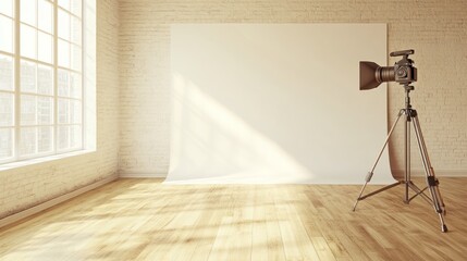 A photography studio with a backdrop and camera setup for professional shoots.