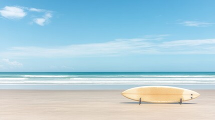 A surfboard rests on a sandy beach with calm waves and a clear blue sky.