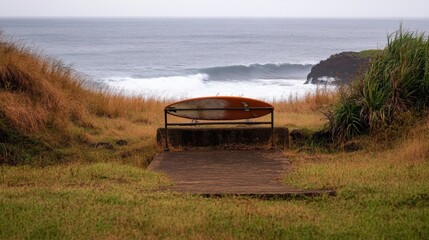 A serene coastal scene with a boat ramp leading to the ocean, surrounded by grass and waves.