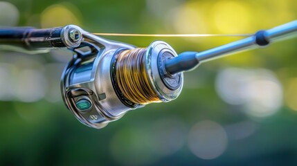A close-up of a fishing reel on a rod, showcasing its intricate design and fishing line.