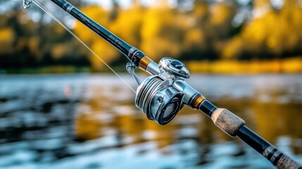 A close-up of a fishing rod and reel by a tranquil lake.