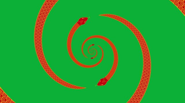 Animation of a traditional Chinese snake flying along the frame, space for text in Chinese style for 2025 New Year greetings, Chinese New Year celebration. Red serpent snake on black and green screen