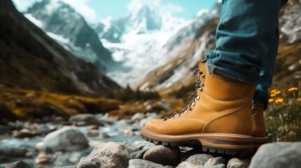 A close-up of hiking boots near a river in a mountainous landscape.