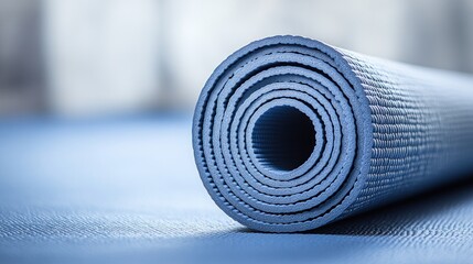 A rolled-up yoga mat in blue, ready for practice or exercise.