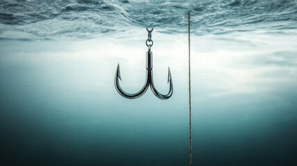 A fishing hook submerged in water, symbolizing fishing and aquatic activities.