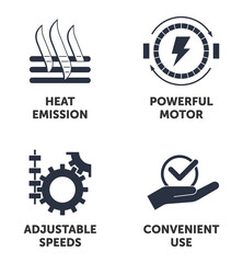 Drill or concrete mixer general features icons set in monochrome style