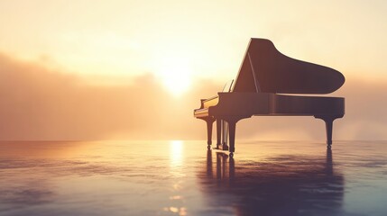 A grand piano stands alone against a serene sunset backdrop, evoking tranquility and inspiration.