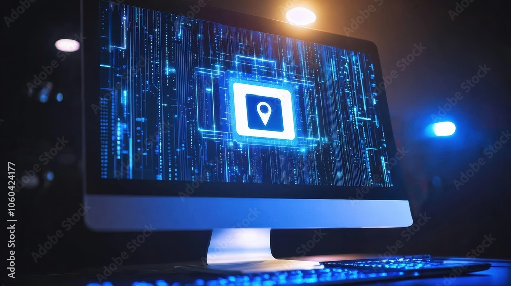 Poster A digital protection icon appears on a computer screen surrounded by glowing blue and orange lights in a modern workspace. Generative AI