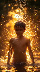 Obraz premium Golden light shines on a boy playing in water