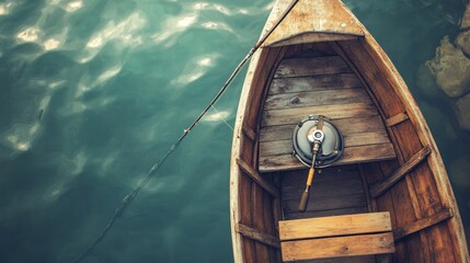 A wooden boat with a circular object inside, floating on calm water.