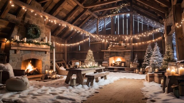 A rustic barn transformed into a winter wonderland, with strings of lights hanging from the rafters and a crackling bonfire to keep you warm.