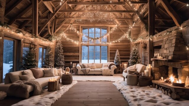 A rustic barn transformed into a winter wonderland, with strings of lights hanging from the rafters and a crackling bonfire to keep you warm.