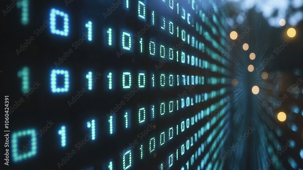 Aufkleber Abstract tech binary code in vibrant blue against blurred background of soft lights