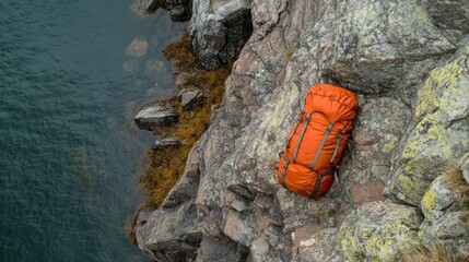 An orange backpack rests on rocky terrain near a body of water, suggesting adventure.