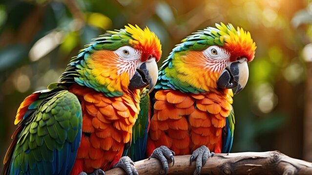 A vibrant and colorful closeup of a majestic parrot perched on a branch, its feathers glistening in the sunlight.