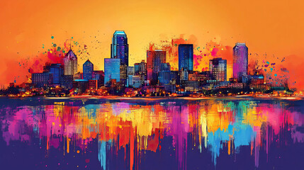 Kansas, Pop Art style theme print. Cityscape, city skyline.Vibrant, bright, modern, trendy, graphic designed for poster, card, wallpaper