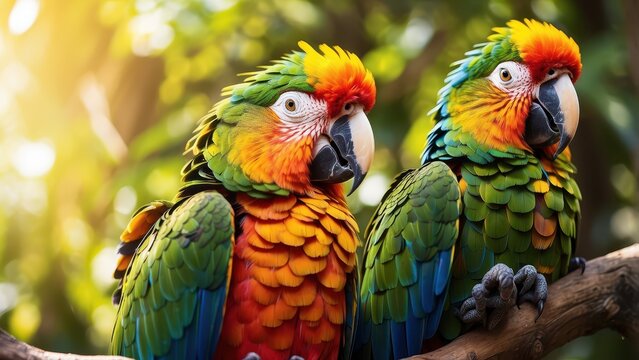 A vibrant and colorful closeup of a majestic parrot perched on a branch, its feathers glistening in the sunlight.