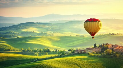 A colorful hot air balloon floats above lush green hills at sunrise.