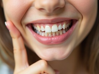 Obraz premium A Young Woman Smiling Brightly, Showcasing Her Healthy Teeth While Playfully Posing in a Casual Setting
