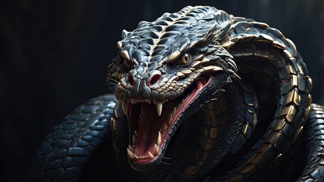 A strikingly detailed rendering of a majestic cobra, its hood flared and fangs bared, ready to strike at any moment.