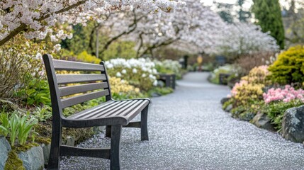 A serene garden path lined with blooming flowers and a wooden bench for relaxation.