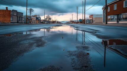 Deserted urban street with reflective puddles after rain during evening, showcasing storefronts and power lines under a cloudy sky