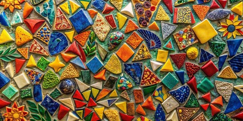 A kaleidoscope of colorful ceramic tiles creates a vibrant mosaic, showcasing geometric patterns and intricate details, showcasing a masterpiece of artistic expression.