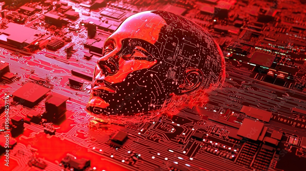 Poster Futuristic ai artificial intelligence robotic head emerging from tech circuit board glowing in red hues