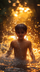 Naklejka premium Golden light shines on a boy playing in water