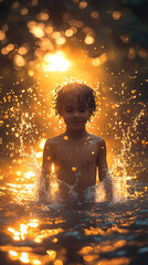 Obraz premium Golden light shines on a boy playing in water