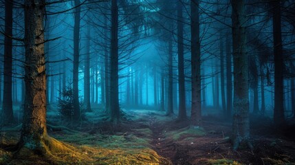 Obraz premium Forest with eerie fog during the night