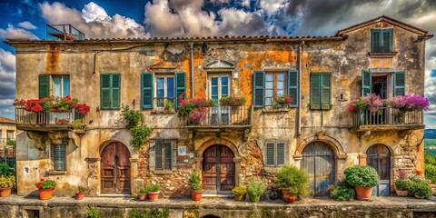 A weathered facade with arched doorways, iron balconies adorned with vibrant blooms, and weathered window shutters set against a backdrop of dramatic sky.