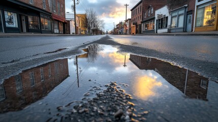 Street scene with buildings reflected in a water puddle at sunset, showing a quiet urban environment with cloudy sky.