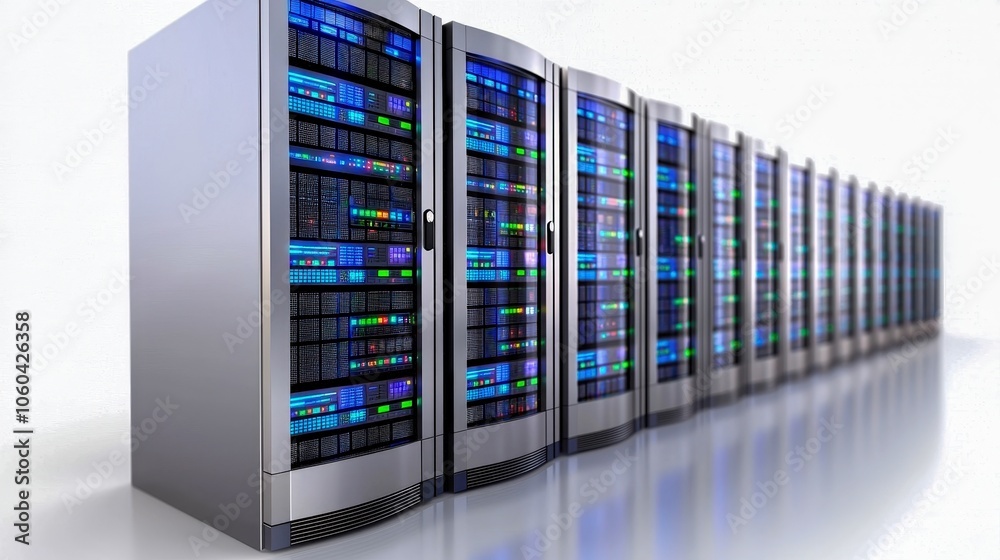 Poster server racks aligned in a data center showcasing advanced technology and connectivity on a white iso