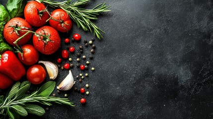 Fresh Tomatoes, Herbs and Spices on Black Background