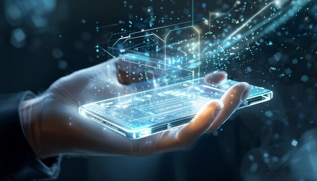 Futuristic smartphone held in a hand, surrounded by swirling data and glowing particles, symbolizing innovation and connectivity in technology.