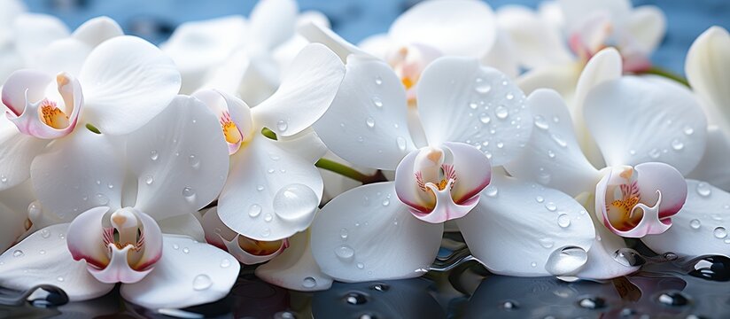A close-up of white orchids with water droplets, evoking beauty and tranquility.