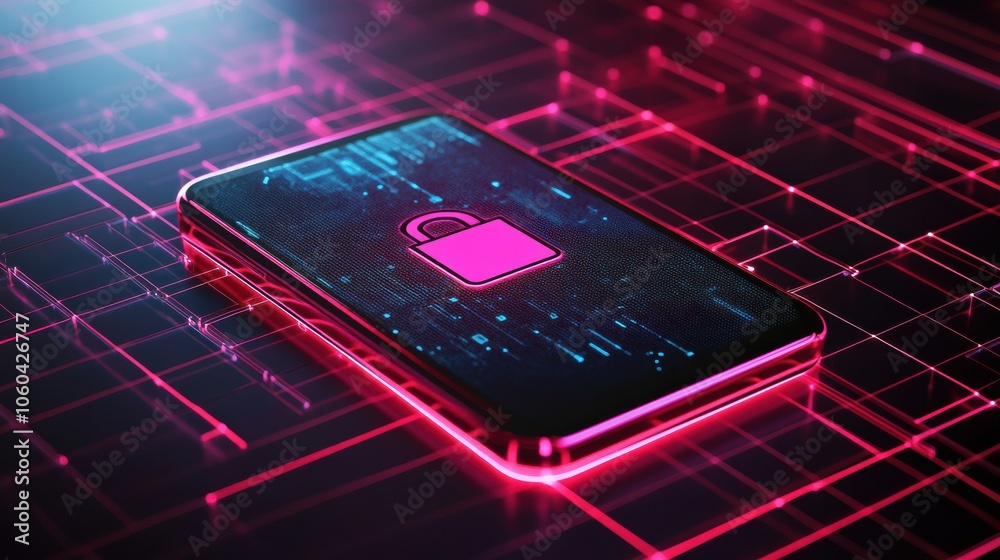 Poster The smartphone displays a prominent lock icon, surrounded by vibrant digital patterns, emphasizing security in a modern context. Generative AI